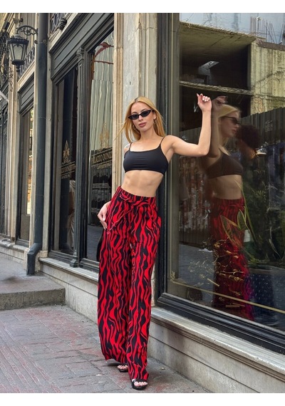 Mamayaga Kadın Yüksek Bel Kuşaklı Desenli %100 Viscose Pamuk Geniş Paça Şık Casual Büyük Beden Curve Pantolon Kırmızı