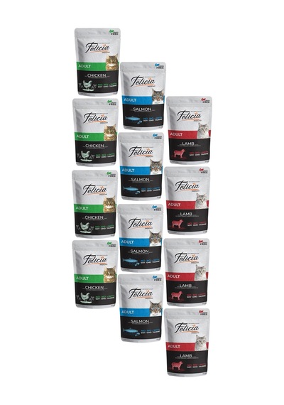 Felicia Somonlu Tahılsız Pouch Yetişkin Kedi Maması 4 x 85 G + Kuzulu 4 x 85 G + Tavuklu 4 x 85 G