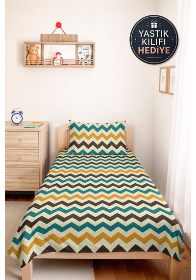 Zigzag Etnik Geometrik Genç Odası Tek Kişilik Pike Takımı - Sarı Antrasit 160x220 Cm Yatak Örtüsü Ekru