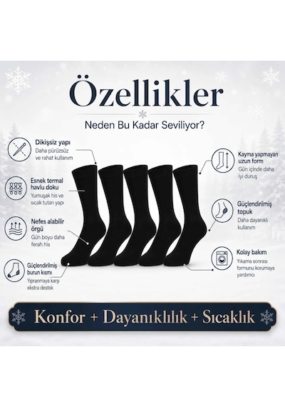 Çorap Giyim Erkek Siyah 6 Lı Kışlık Uzun Termal Havlu Çorap Dikişsiz, Esnek, Sıcak Tutan, Güçlendirilmiş Topuk Ve Burun