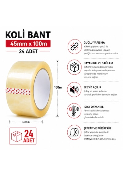 24 Adet Şeffaf Koli Bandı 45 Mm X 100 M Güçlü Yapışkan Ambalaj Paketleme Bandı
