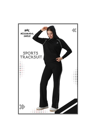Missmaral Kadın Spor Eşofman Takım İspanyol Paça Çift Cepli Alt &kapüşonlu Kanguru Cepli Üst Siyah Byz 3053 Siyah