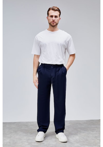 HLT Jeans Erkek Lacivert Çift Pileli Rahat Kesim Beli Lastikli Bol Paça Baggy Pantolon Albert-1989 Lacivert