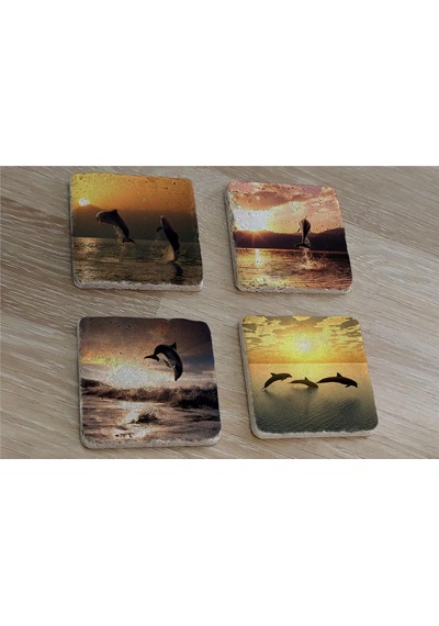 Yunus Balıkları Doğal Taş Bardak Altlığı 4'lü Set - Natural Stone Coasters - Taş Çok Renkli