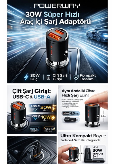 30w Süper Hızlı Araç Şarj Adaptörü Mini Kompakt Tasarım, Pd + Qc 4.0, Çift Usb Type-c & Usb-a -