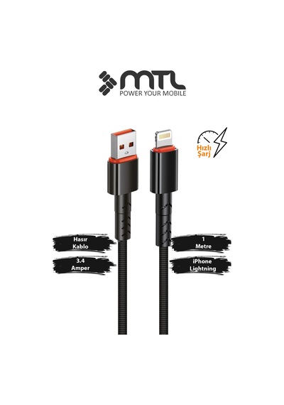 3.4a Usb To Apple Uyumlu iPhone Lightning Hasır Hızlı Şarj Ve Data Aktarım Kablosu 1 Metre Siyah Mt2016