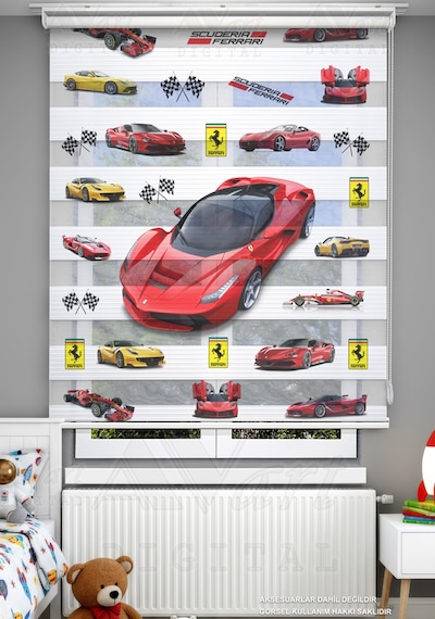 Kırmızı Ferrari Spor Arabalar Baskılı Çocuk Odası Perdesi - Dijital Baskılı Zebra Stor Perde Çok Renkli
