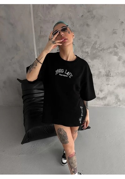 Modi Unisex Baskılı Oversize T-shirt - Siyah - Mymg98300