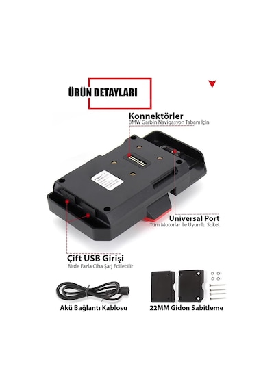 Universal Motosiklet Telefon Ve Gps Navigasyon Tutacağı Kablosuz Hızlı Şarjlı Çift Usb Girişli Siyah