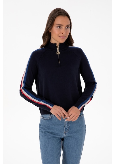 U.S. Polo Assn. Kadın Lacivert V Yaka Fermuarlı Kazak 50314691-VR033