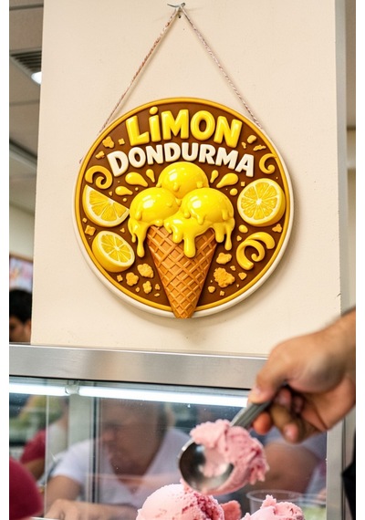 Limon Dondurma Görselli Ahşap İpli Kapı Duvar Süsü Dondurmacı Dekoratif Süsü