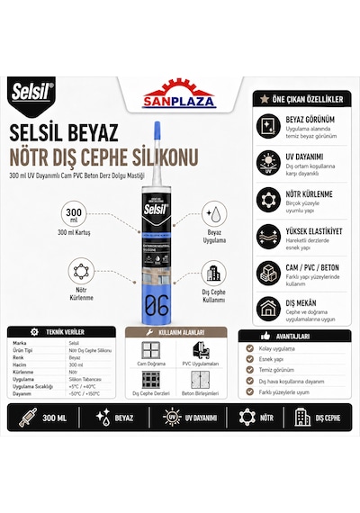 Selsil Beyaz Nötr Dış Cephe Silikonu 300 Ml Uv Dayanımlı Cam Pvc Beton Derz Dolgu Mastiği
