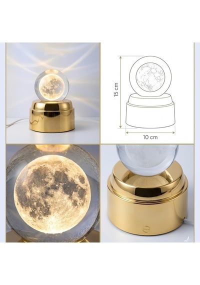 Deinhaus Kristal Küre Ay Lambası, Altın Renkli Taban, Led Işıklı, Masa Lambası, 15 Cm, Sıcak Beyaz Işık Diğer