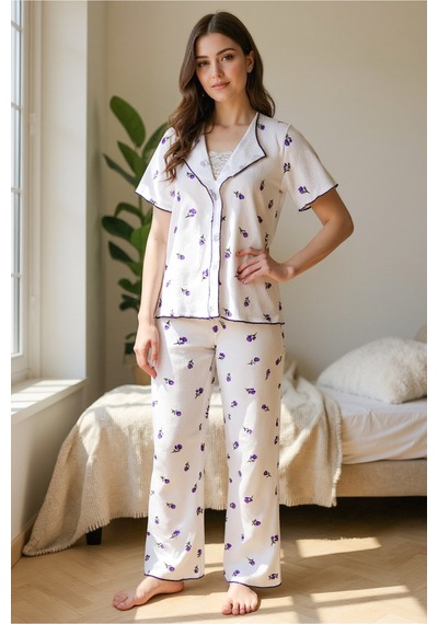 Bella Notte Romantik Pamuklu Lale Desenli Dantel Detaylı Yazlık Pijama Takımı Mor