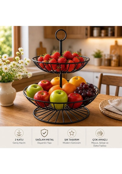 2 Katlı Metal Meyve Sepeti Siyah Geniş Hacimli Çok Amaçlı Meyvelik Sebzelik Sunum Standı Kaymaz Ayaklı Modern Mutfak Organizer 28 X 32