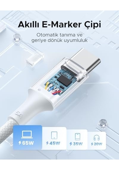 Usb-c 100w 5a Qc Pd Örgülü Hızlı Şarj Kablosu, 1 Metre, Mavi, 65253