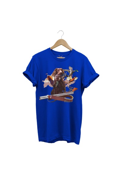 Av Köpeği Avcılık Çulluk Kuşu Baskılı Vahşi Yaşam Doğa Baskılı Regular Fit Mavi T-shirt Saks Mavi