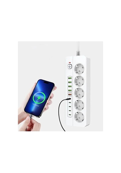 3500w Akım Korumalı 5 Li Grup Priz: 5x Usb + 5x Type-c Çıkışlı 2 Metre 0