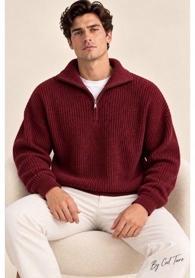 Tarz Cool Erkek Oversize Fermuarlı Balıkçı Triko Kazak Bordo