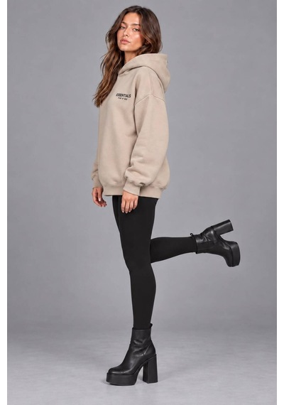 Genel Markalar Unisex Oversize Pikeli Double Face Kapüşonlu Sweatshirt Bej