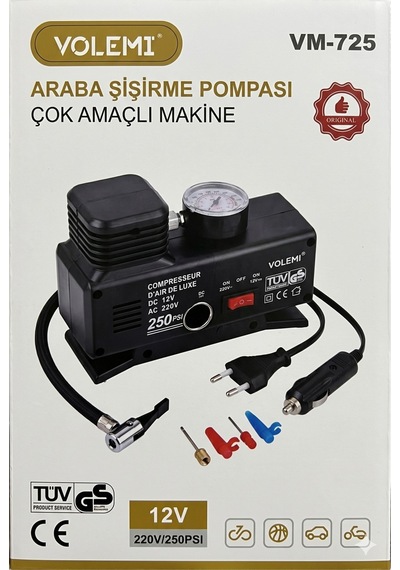 Volemi Vm-725 Çift Girişli 12v/220v 250 Psı Ev Ve Araç Uyumlu Hava Kompresörü Lastik Şişirme Pompası