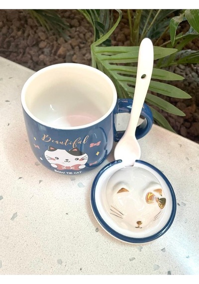 Kawai 3d Kedi Kapaklı Kaşıklı Kupa Bardak Lacivert