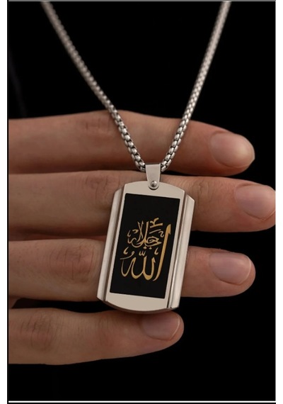 Osmanlı Gümüş Allah Yazılı Çelik Erkek Kolye Zincir Çelik