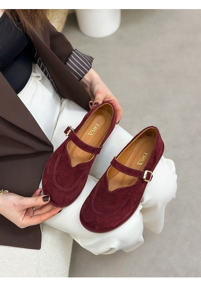 Erva'nın Butiği Bordo Hakiki Deri Roger V Kesim Kadın Ayakkabı-6177 Bordo Süet