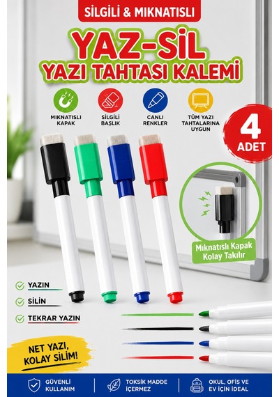 4 Adet Keçeli Renkli Yaz-sil Yazı Tahtası Kalemi, Silgili Mıknatıslı Kalem, Keçeli Kalem