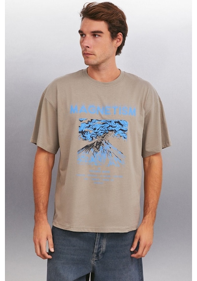 Grimelange Maddox Erkek %100 Organik Pamuklu Baskı Detaylı Kalın Dokulu Oversize Fit Vizon T-shirt