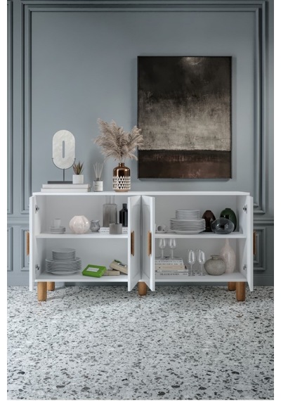 Flora Bohem Konsol 4 Kapaklı Mdf Mebran Kapak 160 Cm Modern Salon Konsolu Beyaz