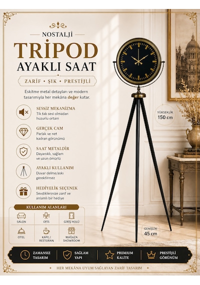 Nostalji Şık Tasarım Tripod Ayaklı Saat Eskitme