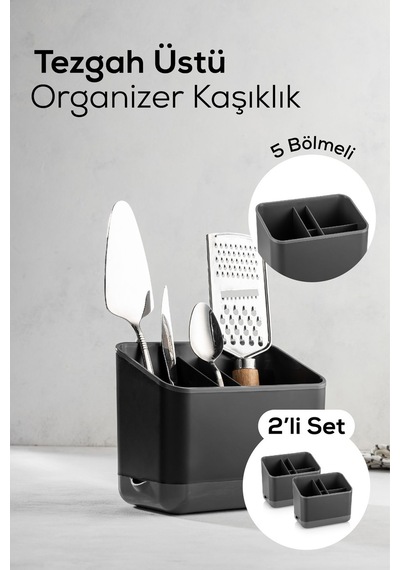 Vienev 2 Adet Tezgah Üstü Kaşık Düzenleyici 5 Bölmeli Organizer Kaşıklık Antrasit