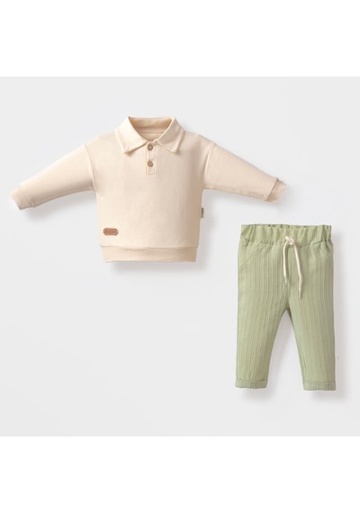 Bellamio Kids Yaka Düğmeli Erkek Bebek Keten Pantolonlu Takım - Yeşil Yeşil