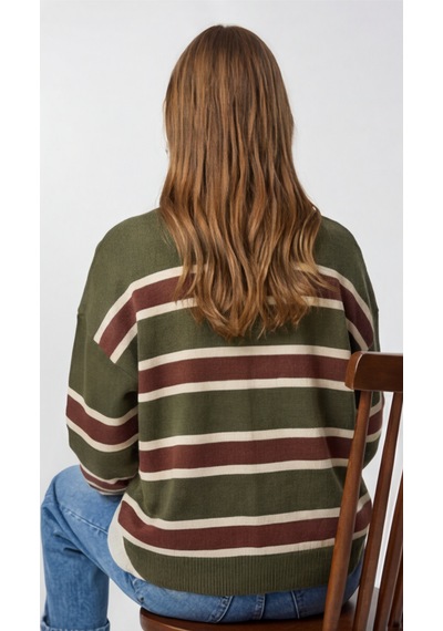 Modeva Global Kadın Çizgili Polo Yaka Triko Kazak Düğmeli, Oversize Rahat Kesim, Trend Günlük Stil Haki - Kahverengi Modeva Global Kadın Çizgili Polo Yaka Triko Kazak Düğmeli, Oversize Rahat Kesim, Trend Günlük Stil Haki - Kahverengi