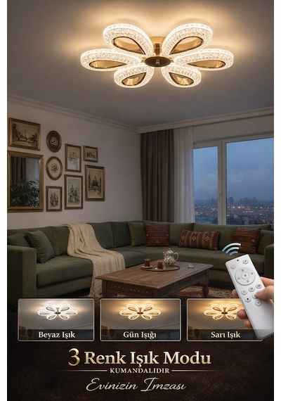 Yagmur 6lı Gold Avize 3 Renk Led Secenekli Salon Oturma Odası Avize Altın - Gold