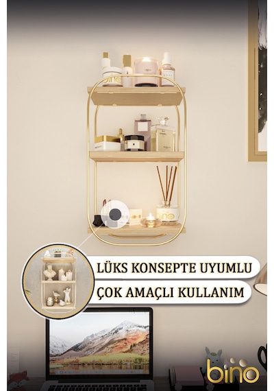 Bino Duvar Rafı Çok Amaçlı Düzenleyici Oval Raf Ahşap Banyo Mutfak Rafı Makyaj Ve Takı Organizeri