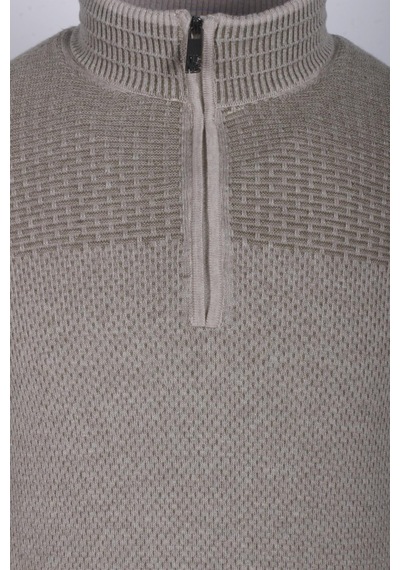 Erkek Triko Yarım Fermuarlı Bej Slim Fit Desenli Pamuklu Knitwear Ncs Jeans 3709 Bej
