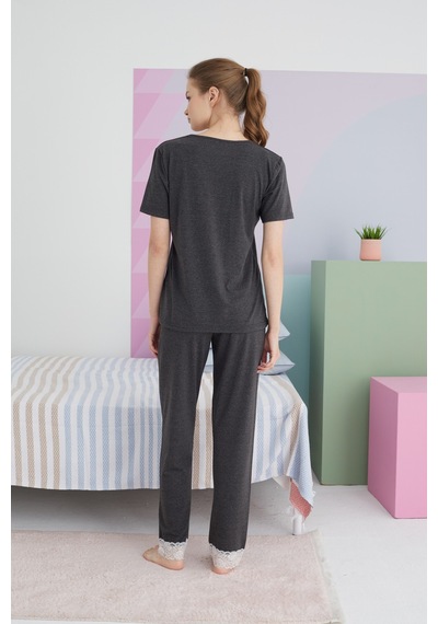 Siyah İnci Pamuklu Örme Pijama Takım 24113177 Antrasit
