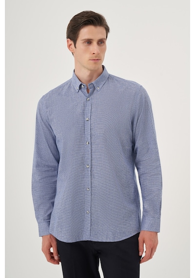 Morven Erkek Mavi Keten Trend Desenli Regular Fit Düğmeli Yaka Gömlek 25ys004027300 Mavi Mavi