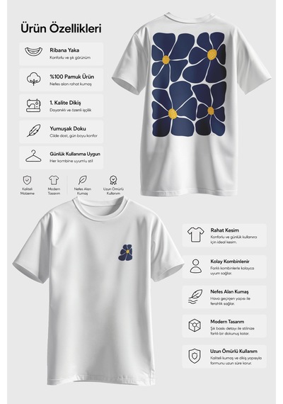 Spoyi Blue Daisy Tasarımlı %100 Pamuk Yarım Oversize Beyaz T-shirt