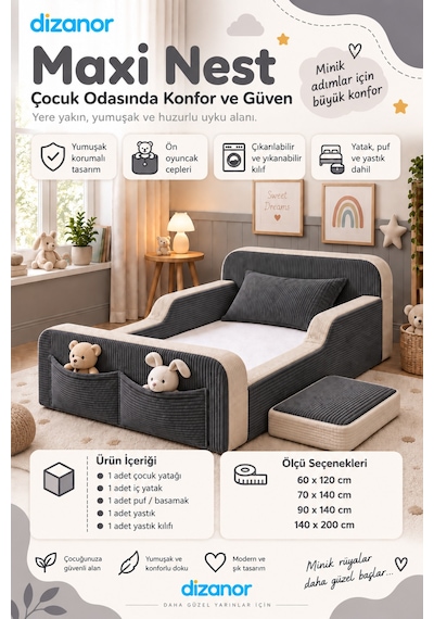 Dizanor Siyah Renk 140 X 200 Ölçü Maxi Nest Montessori Çocuk Karyola Yatak Seti Dizanor Siyah Renk 140 X 200 Ölçü Maxi Nest Montessori Çocuk Karyola Yatak Seti