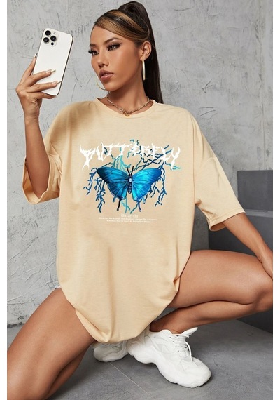 Uyguntarz Unisex Blue Butterfly Baskılı T-shirt Bej