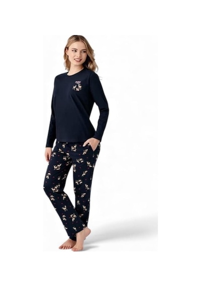 Arnetta %100 Pamuk Geyik Desen Bayan Pijama Takım Lacivert