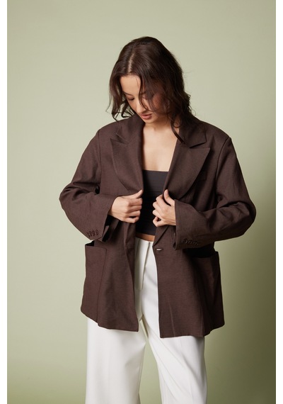 Keten Karışımlı Kuşaklı Blazer Ceket Kahve