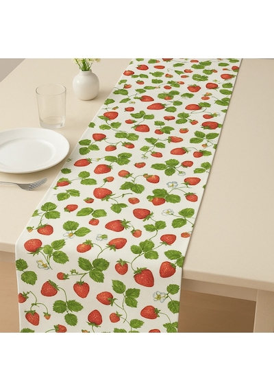 Çilek Desenli Runner, Duck Kumaş Runner, Su Ve Leke İtici Dayanıklı, Modern Tasarım 35x120 Cm Çok Renkli