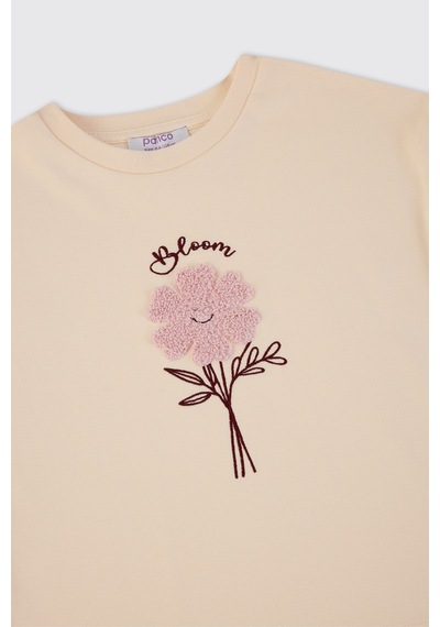 Panço Kız Çocuk Çiçek Desenli Bej Pijama Takımı Krem