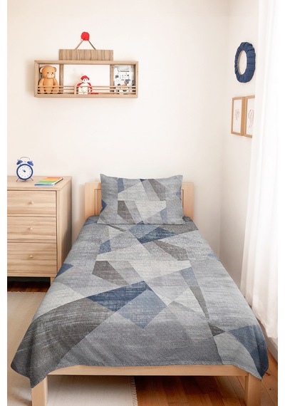Mavi Geometrik Genç Odası Tek Kişilik Pike Takımı - Gri Modern 160x220 Cm Kapitone Yatak Örtüsü Mat Çiçek Yansıması