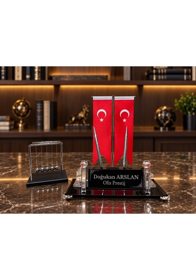 Velora 3 Parça Kristal Ofis Seti Kişiye Özel İsimlik Türk Bayraklı Siyah Newton Topu