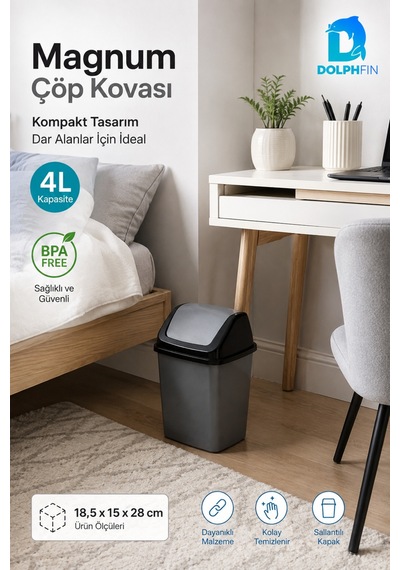 Magnum 4 Litre Sallanır Kapaklı Mini Çöp Kovası Banyo Mutfak Ofis Antrasit Siyah